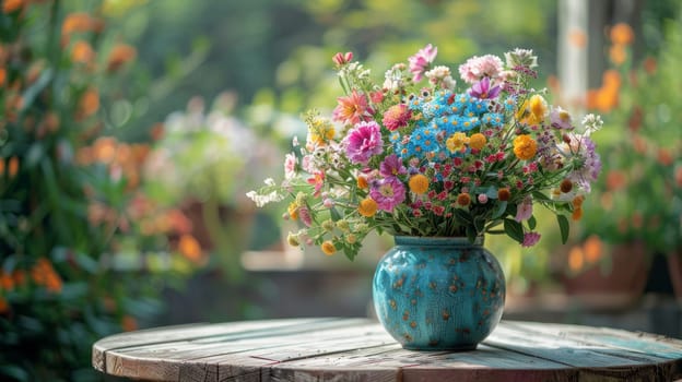 Bouquet of wildflowers in blue vase on wooden table with garden in background. The surrounding garden furniture and greenery create a cozy and soothing atmosphere. Copy space