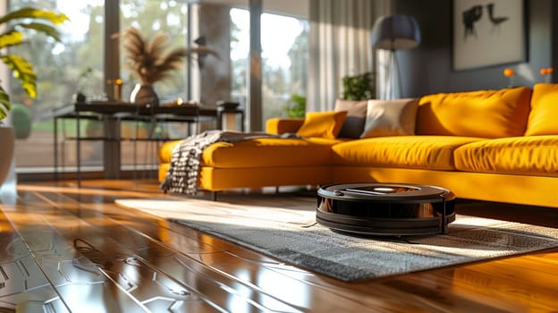 A sleek robot vacuum cleaner cleans a bright modern living room with a bright sofa where sunlight pours in through large windows reflecting on the polished floor. Copy a space