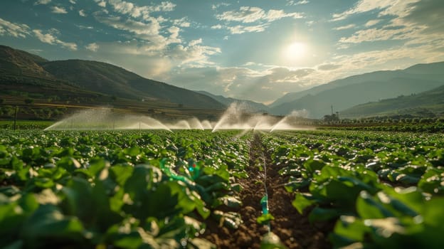 The irrigation system sprays water onto a lush green field at sunrise, the concept of growth and agricultural efficiency. Copy space