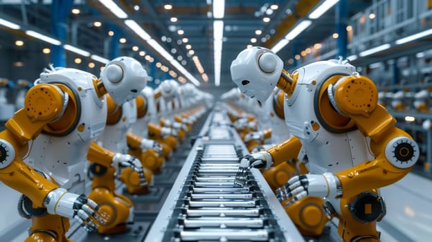 robots leaning over an empty conveyor belt of an assembly line in a factory.industrial automation concept