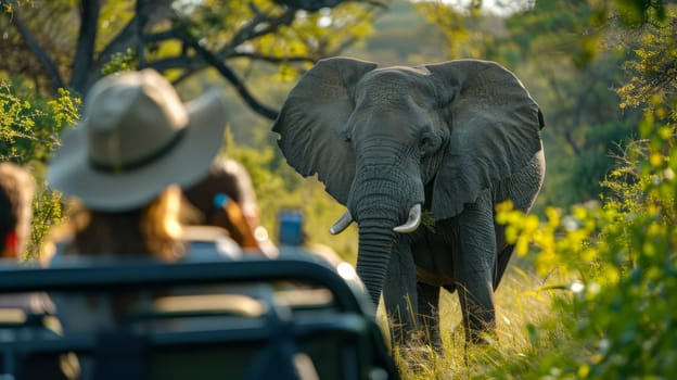 A majestic elephant approaches safari tourists in an open vehicle, set against a lush, green backdrop, capturing a thrilling wildlife moment.