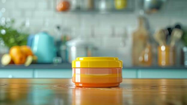 A yellow and orange kitchen container sits on a wooden table with a blurred background of kitchen items and fresh produce