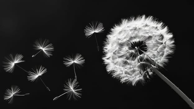 white dandelion seeds are flying, on a black solid background
