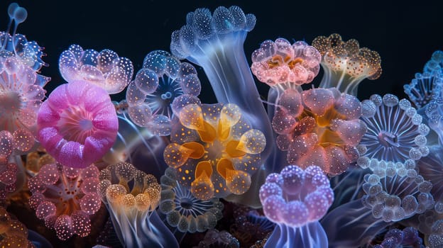 Close-up of colorful coral polyps in various shades of pink, orange, and blue, displaying intricate details and a mesmerizing underwater scene
