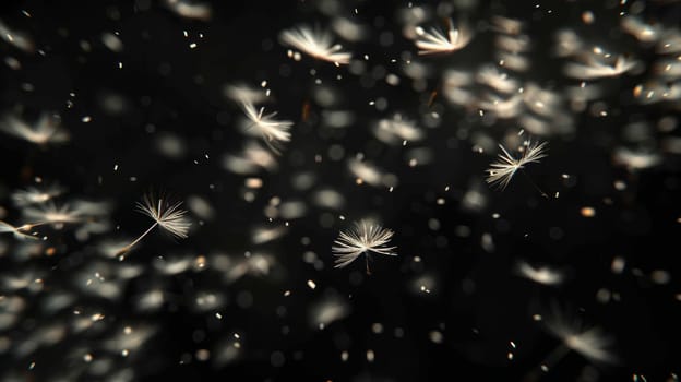 Numerous dandelion seeds flying in the dark, illuminated by soft light