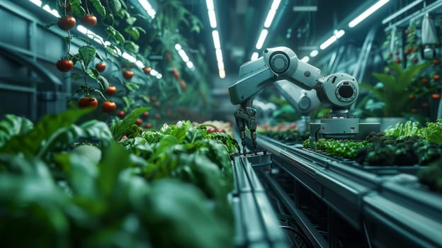 A high-tech farm with robotic arms picking vegetables and fruits inside an industrial building with LED lighting. Copy space