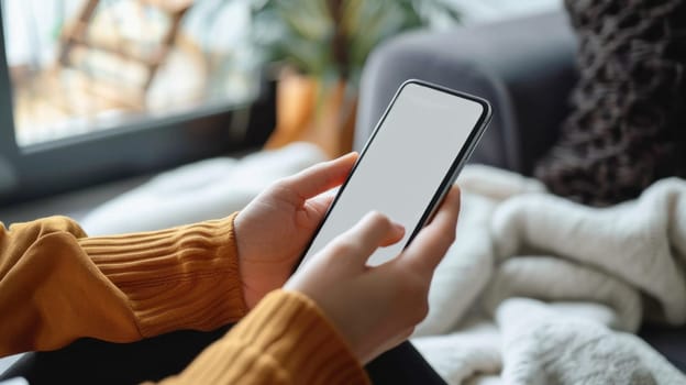 A person holds a smartphone in his hands and uses it indoors, on a cozy and relaxed background with soft blankets and natural light.
