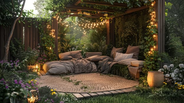 A cozy corner in the garden, decorated with garlands, with upholstered furniture, pillows and blankets. Soft lighting, greenery and flowers around. Copy space