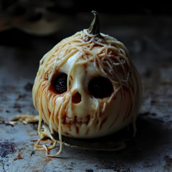 A unique Halloween decoration showcases a skull-shaped onion topped with spaghetti, giving it an eerie appearance. Dark eyes set in the onion add to the spooky theme for the season.