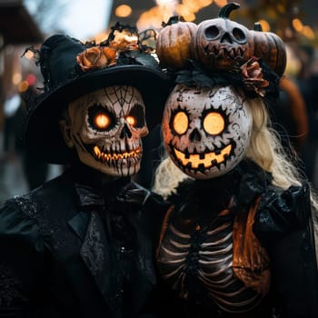 Two individuals dressed in elaborate Halloween costumes pose together, showcasing glowing skull and pumpkin masks with autumn decorations. The festive atmosphere is enhanced by nearby decorations.