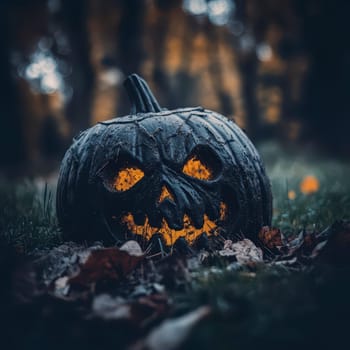 A carved pumpkin with an eerie smile glows in the dark amidst fallen leaves. The surrounding forest creates a spooky atmosphere typical of Halloween celebrations.