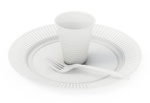 Disposable dinnerware set with plastic plate, cup, fork and knife isolated on white background. 3D illustration.