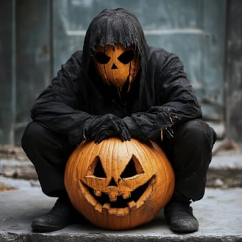In a dimly lit urban area, a hooded figure crouches beside a carved pumpkin. The spooky atmosphere evokes the spirit of Halloween, as the figure's expressionless mask adds to the eerie vibe.