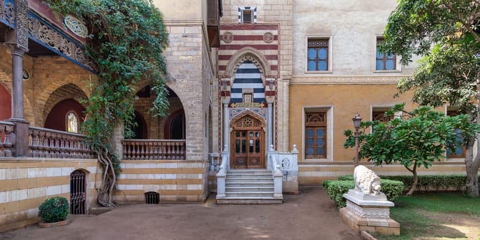 The intricate architecture of Prince Naguib Palace Cairo, Egypt showcases a blend of styles amidst lush gardens, inviting visitors to explore its historical significance