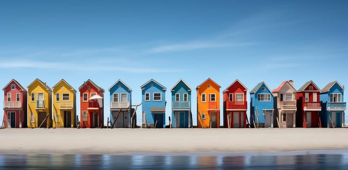 A harmonious lineup of multicolored beach townhomes on a sunny day, with people and pets enjoying the seaside