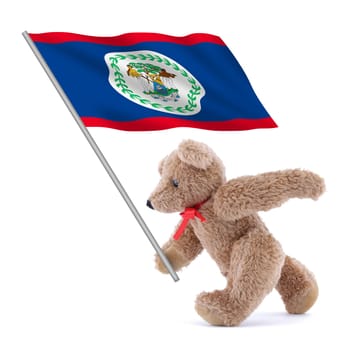 A Belize flag being carried by a cute teddy bear red blue stripes