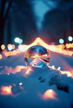 A reflective ornament lies nestled in the snow, mirroring the soft glow of warm bokeh lights that illuminate a charming winter town. The scene captures the enchanting spirit of the holiday season.