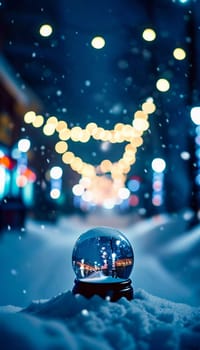 A reflective ornament lies nestled in the snow, mirroring the soft glow of warm bokeh lights that illuminate a charming winter town. The scene captures the enchanting spirit of the holiday season.