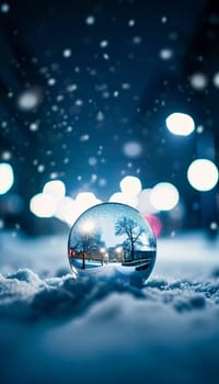 A reflective ornament lies nestled in the snow, mirroring the soft glow of warm bokeh lights that illuminate a charming winter town. The scene captures the enchanting spirit of the holiday season.