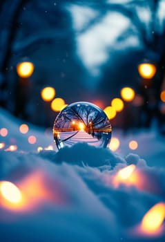 A reflective ornament lies nestled in the snow, mirroring the soft glow of warm bokeh lights that illuminate a charming winter town. The scene captures the enchanting spirit of the holiday season.