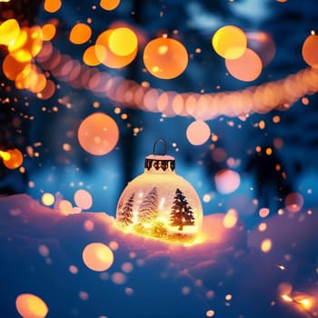 A reflective ornament lies nestled in the snow, mirroring the soft glow of warm bokeh lights that illuminate a charming winter town. The scene captures the enchanting spirit of the holiday season.