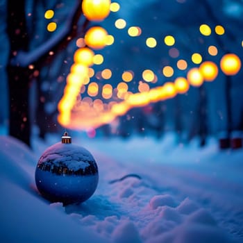 A reflective ornament lies nestled in the snow, mirroring the soft glow of warm bokeh lights that illuminate a charming winter town. The scene captures the enchanting spirit of the holiday season.