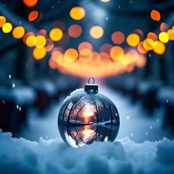 A reflective ornament lies nestled in the snow, mirroring the soft glow of warm bokeh lights that illuminate a charming winter town. The scene captures the enchanting spirit of the holiday season.