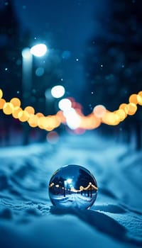 A reflective ornament lies nestled in the snow, mirroring the soft glow of warm bokeh lights that illuminate a charming winter town. The scene captures the enchanting spirit of the holiday season.