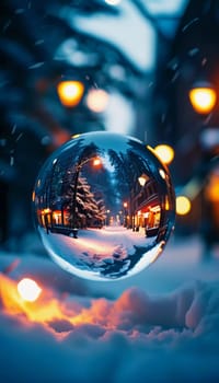 A reflective ornament lies nestled in the snow, mirroring the soft glow of warm bokeh lights that illuminate a charming winter town. The scene captures the enchanting spirit of the holiday season.