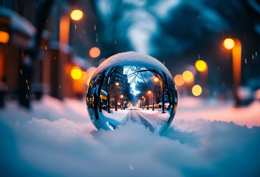 A reflective ornament lies nestled in the snow, mirroring the soft glow of warm bokeh lights that illuminate a charming winter town. The scene captures the enchanting spirit of the holiday season.