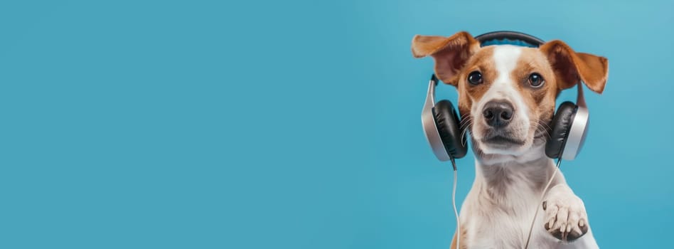 Dog with headphone, listening to sound and acoustic wave, love and emotion, funny animal, blue background, international music day