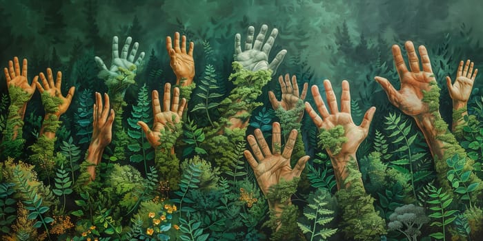 Hands raising from plants and trees, green deal, protect nature and planet earth, sustainable lifestyle, ecology and environment, team of volunteers