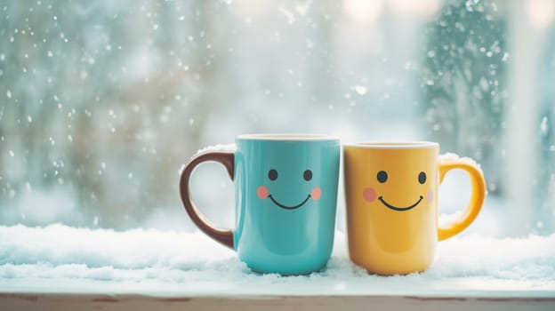 Happy, similing face mug couple on a window sill cuddle, cup of coffee in winter, support, relationship and friendship concept