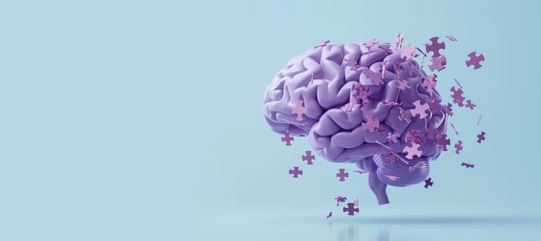 Alzheimer awareness day, dementia diagnosis, Parkinson disease, memory loss disorder, brain with purple puzzle or jigsaw pieces, damaged mind