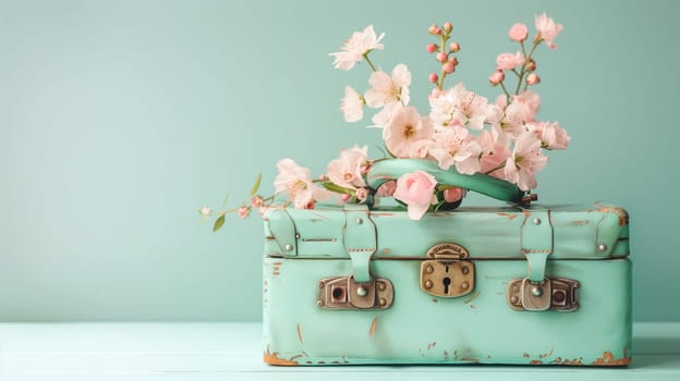 Suitcase filled with spring and summer flowers, pastel color, creative positive lifestyle, self care and traveling concept