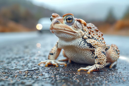 Toad crossing road to spawning ground, mating season of amphibian animal, wildlife in danger, migration in spring