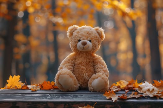 Teddy bear sitting on a park bench, forgotten lonely child toy with wet fur, rainy day in autumn