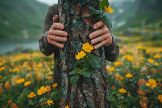 Hugging a tree, embracing a trunk with love and care, protect nature and planet earth, sustainable lifestyle, ecology and environment
