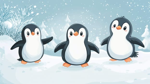 Penguin in the snow covered landscape, merry christmas holiday greeting card, winter season, animal cartoon illustration for children, fairy tale