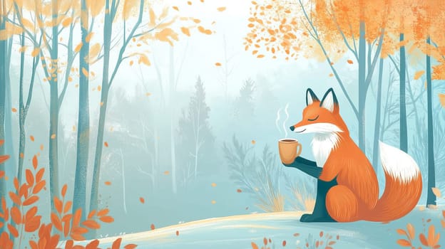 Cute fox sitting in the forest and drinking a cup of hot coffee or tea, autumn season with colorful foliage
