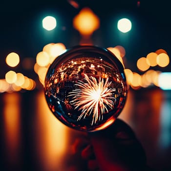 Bright fireworks explode in the sky, beautifully mirrored in a crystal ball held aloft, creating a magical ambiance as New Year's festivities light up the night across the city.