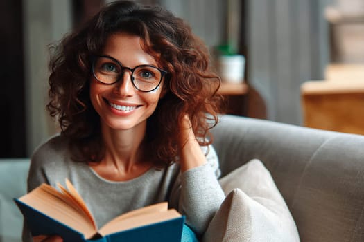 Joyful woman enjoying literature at home.