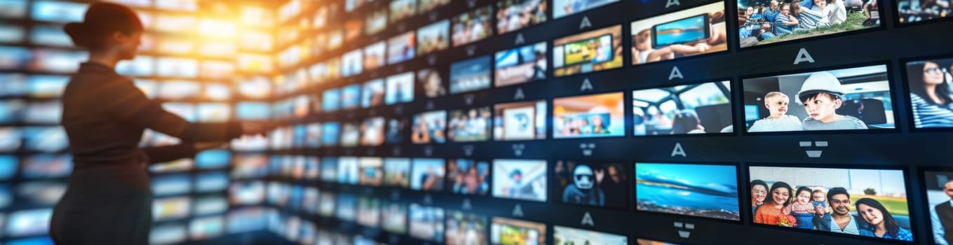 Businesswoman choosing video from touch screen concept about streaming platform, social media, video content sharing