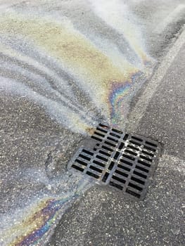 Puddle of motor oil and gasoline on the asphalt road seeps into a nearby sewer grate. Oil stain on the asphalt surface seeps into the storm drainage system.