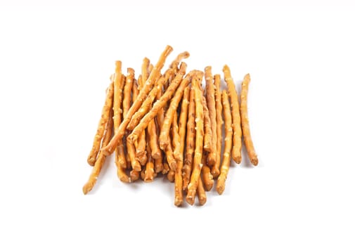 Pretzel sticks as a snack on a white background