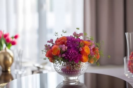 Beautiful flowers on table in wedding day. Neural network AI generated art