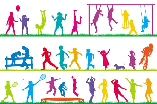 Colored children silhouettes playing outdoor