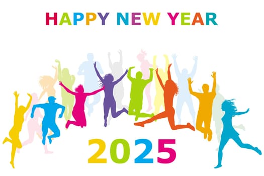 Happy New Year 2025 illustration with  silhouettes of people jumping