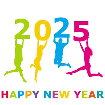 Happy new year illustration with silhouettes of happy people jumping and holding number 2025 in their hands