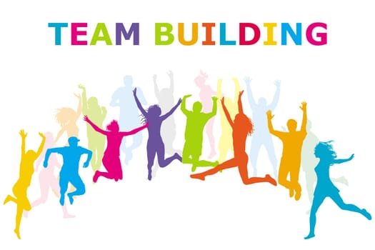 Team Building colorful concept with happy teamwork jumping